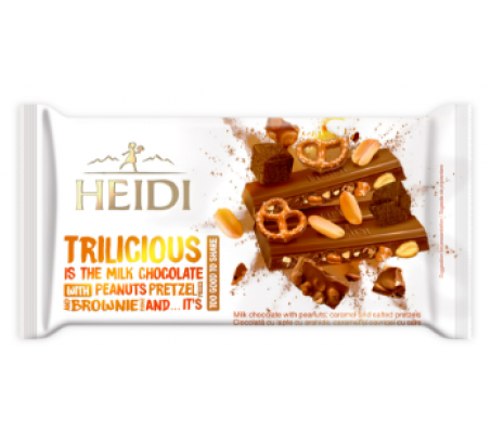 Шоколад Heidi молочний Trilicious горіхи, кренделі, брауні 180 г/20