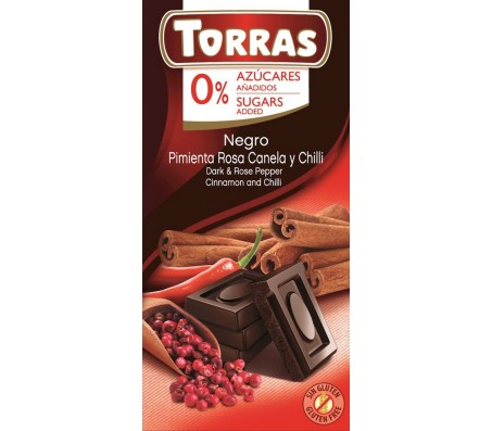 Шоколад Torras чорний без цукру перець-чилі-кориця 75 г/48