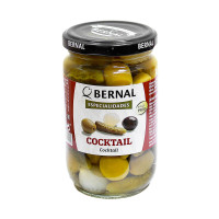 Оливки-коктейль Bernal зелені, чорні, корнішони та перлинна цибуля 300 г/12